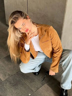 Brown Zipper Suede Leather Coat
