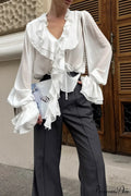 Burgundy Chiffon Ruffled V Neck Tie Blouse
