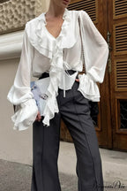 Burgundy Chiffon Ruffled V Neck Tie Blouse