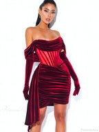 Burgundy Draping Off Shoulder Corset Sexy Velvet Slim Bodycon Mini Party Dress