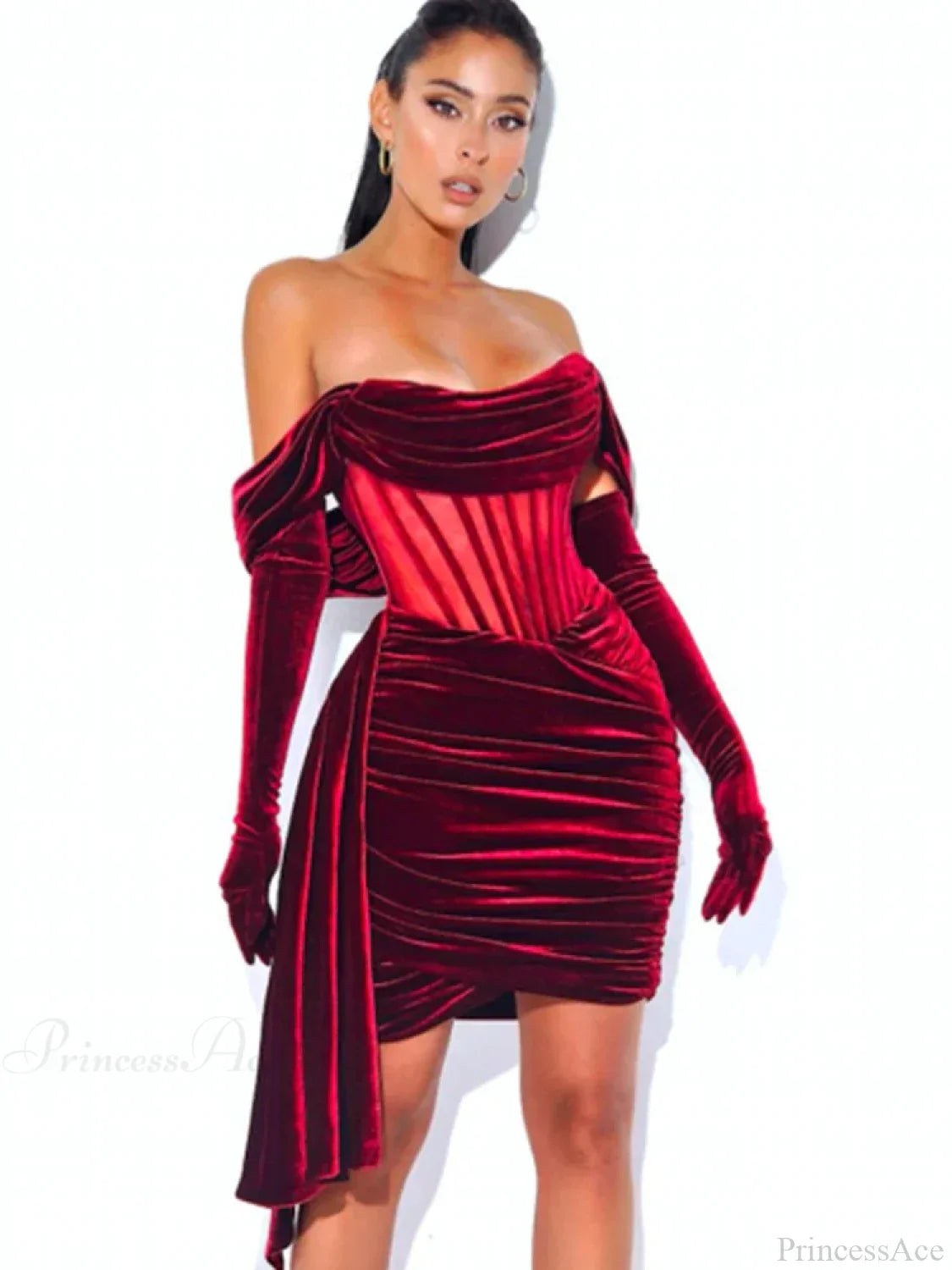 Burgundy Draping Off Shoulder Corset Sexy Velvet Slim Bodycon Mini Party Dress