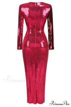 Burgundy Ruched Stylish Sequined Maxi Dress