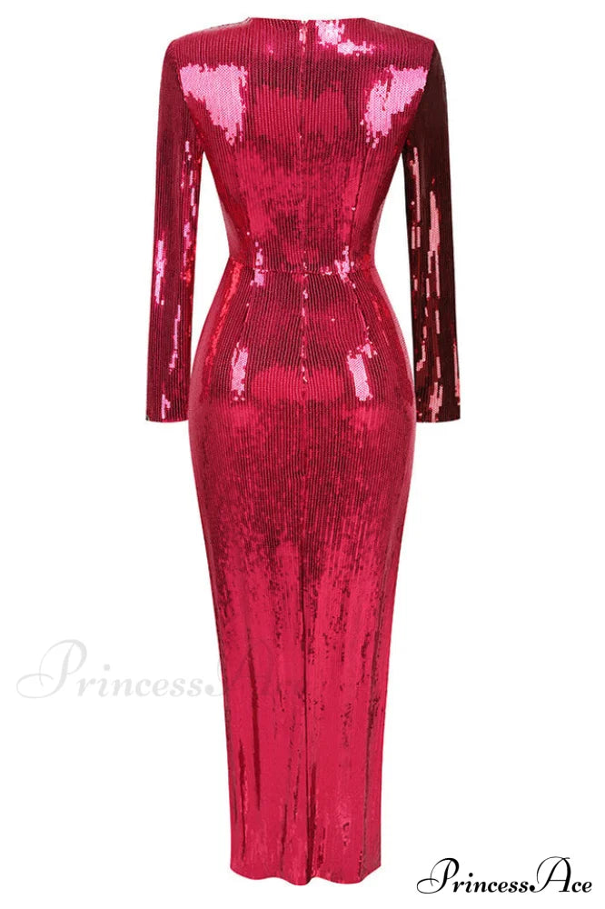 Burgundy Ruched Stylish Sequined Maxi Dress