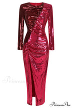 Burgundy Ruched Stylish Sequined Maxi Dress