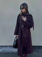 Burgundy Scarf Collar Woolen Coat