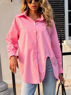 Button Down Casual Solid Collar Loose Blouse