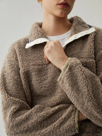 Button Down Collar Trendy Contrast Trim Sherpa Sweater