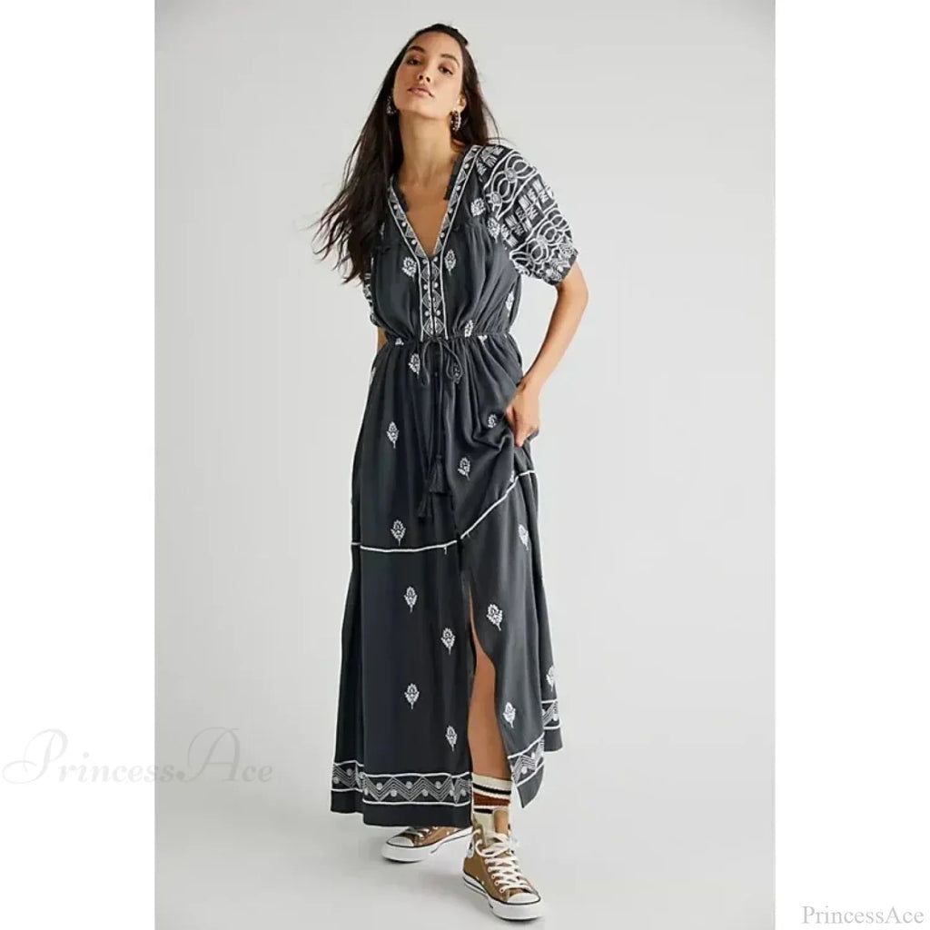 Button Down Embroidery Short Sleeve Chic Boho Dress