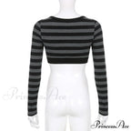 Button Full T Vintage V Crop Top Harajuku Neck Blouse Arm Knitted Women Grunge Tee Striped Y2K Outfits