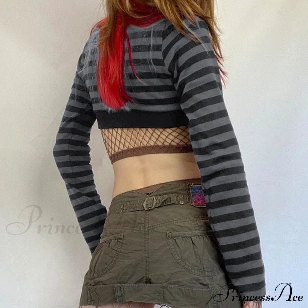 Button Full T Vintage V Crop Top Harajuku Neck Blouse Arm Knitted Women Grunge Tee Striped Y2K Outfits