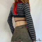 Button Full T Vintage V Crop Top Harajuku Neck Blouse Arm Knitted Women Grunge Tee Striped Y2K Outfits