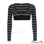 Button Full T Vintage V Crop Top Harajuku Neck Blouse Arm Knitted Women Grunge Tee Striped Y2K Outfits