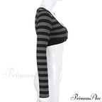 Button Full T Vintage V Crop Top Harajuku Neck Blouse Arm Knitted Women Grunge Tee Striped Y2K Outfits