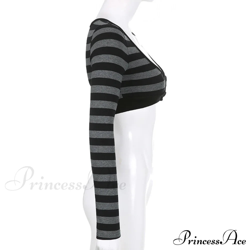 Button Full T Vintage V Crop Top Harajuku Neck Blouse Arm Knitted Women Grunge Tee Striped Y2K Outfits