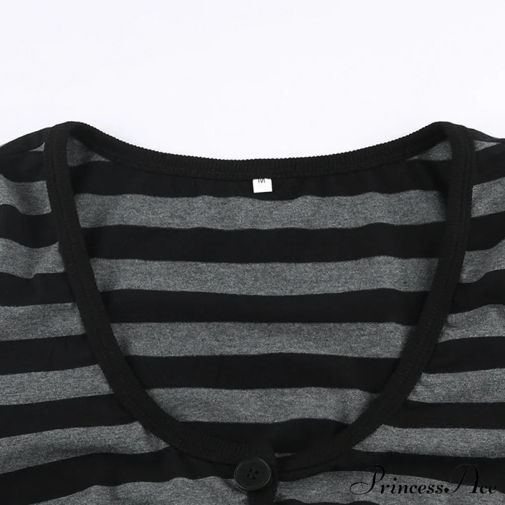 Button Full T Vintage V Crop Top Harajuku Neck Blouse Arm Knitted Women Grunge Tee Striped Y2K Outfits