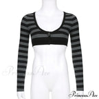 Button Full T Vintage V Crop Top Harajuku Neck Blouse Arm Knitted Women Grunge Tee Striped Y2K Outfits