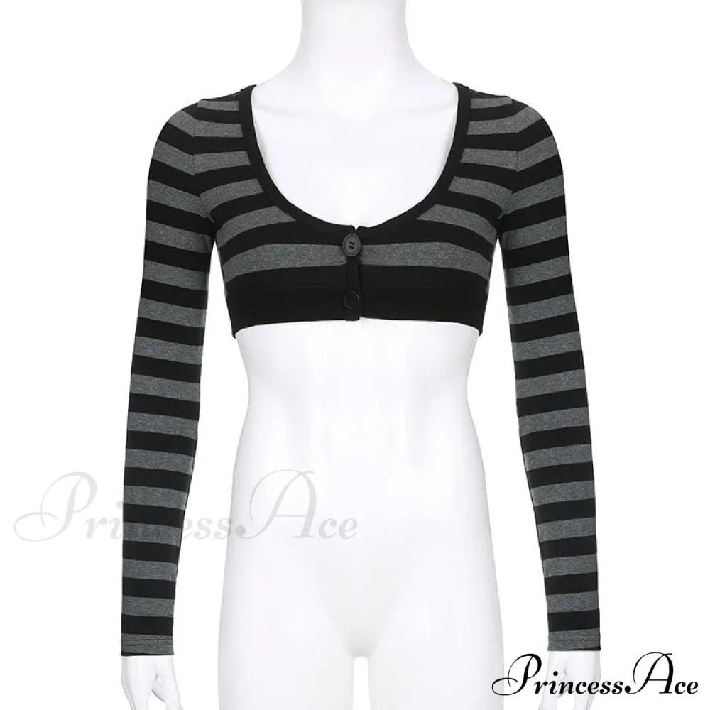 Button Full T Vintage V Crop Top Harajuku Neck Blouse Arm Knitted Women Grunge Tee Striped Y2K Outfits