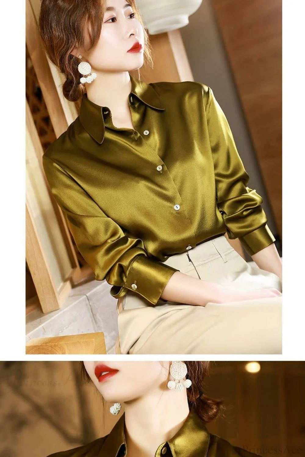 Button Satin - Women's Blouse Silk Luxury Office Crepe Up Elegant Top