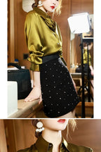 Button Satin - Women's Blouse Silk Luxury Office Crepe Up Elegant Top