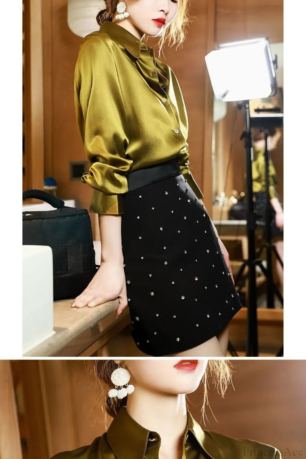 Button Satin - Women's Blouse Silk Luxury Office Crepe Up Elegant Top