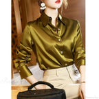 Button Satin - Women's Blouse Silk Luxury Office Crepe Up Elegant Top