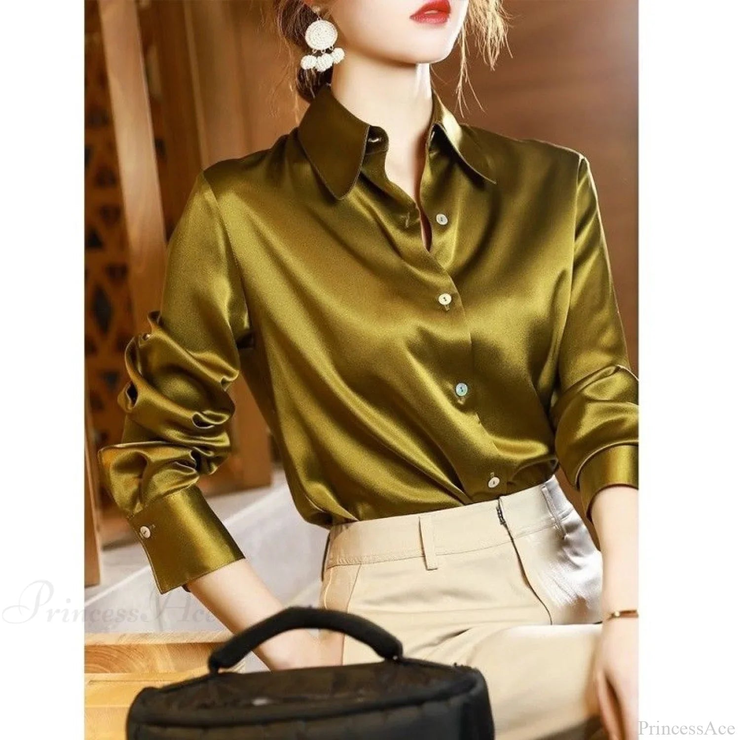 Button Satin - Women's Blouse Silk Luxury Office Crepe Up Elegant Top