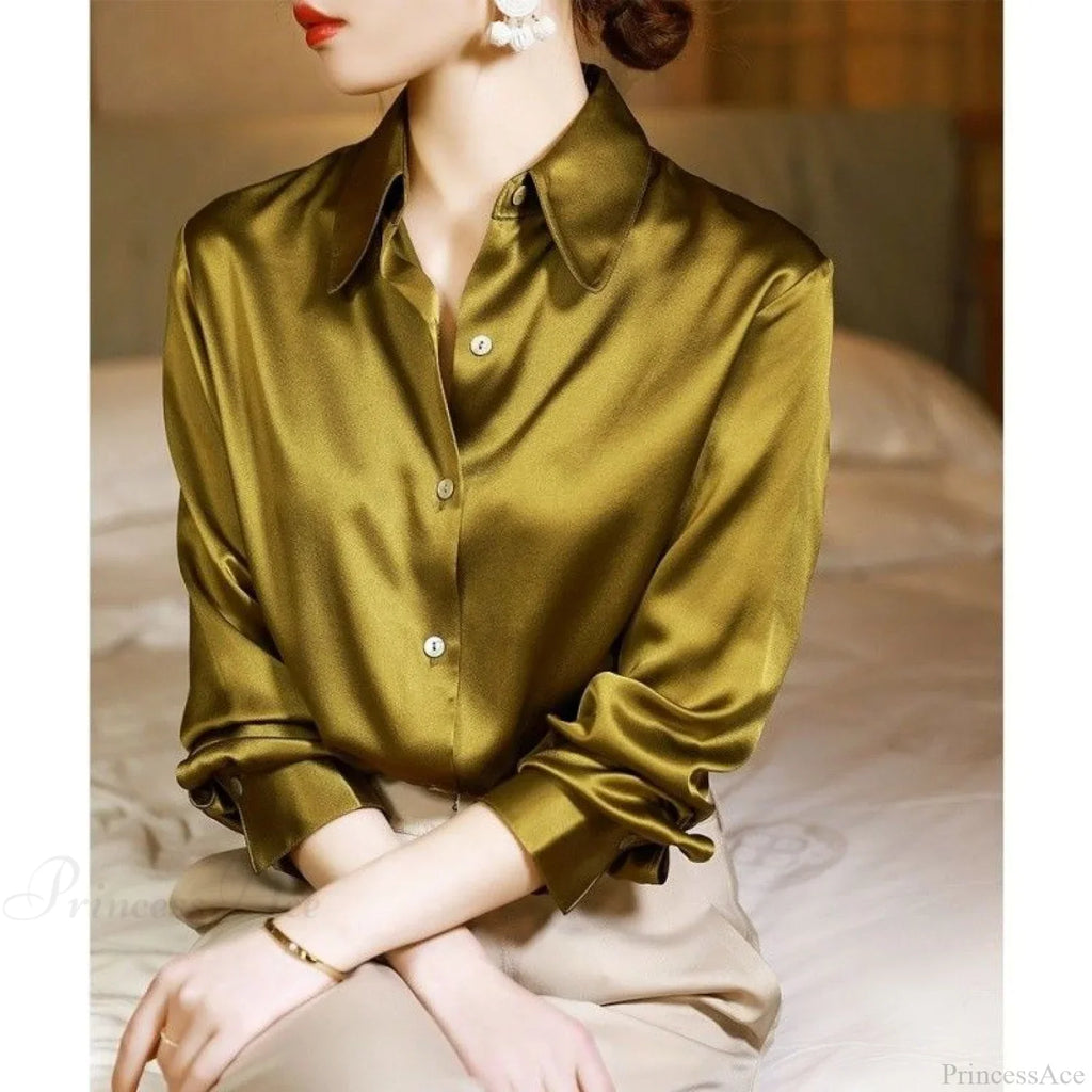 Button Satin - Women's Blouse Silk Luxury Office Crepe Up Elegant Top