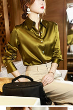 Button Satin - Women's Blouse Silk Luxury Office Crepe Up Elegant Top