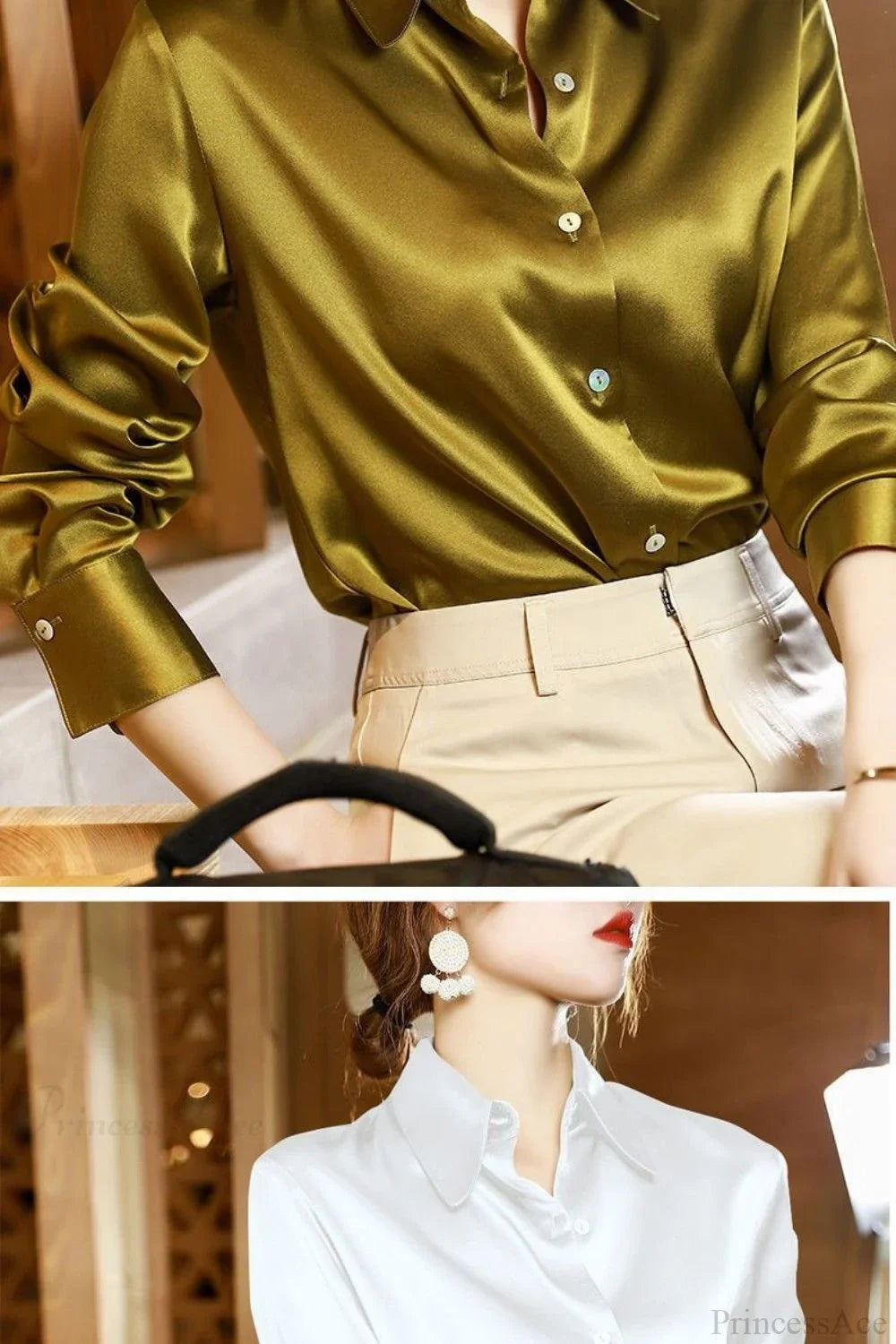 Button Satin - Women's Blouse Silk Luxury Office Crepe Up Elegant Top