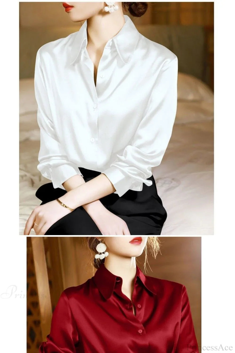 Button Satin - Women's Blouse Silk Luxury Office Crepe Up Elegant Top