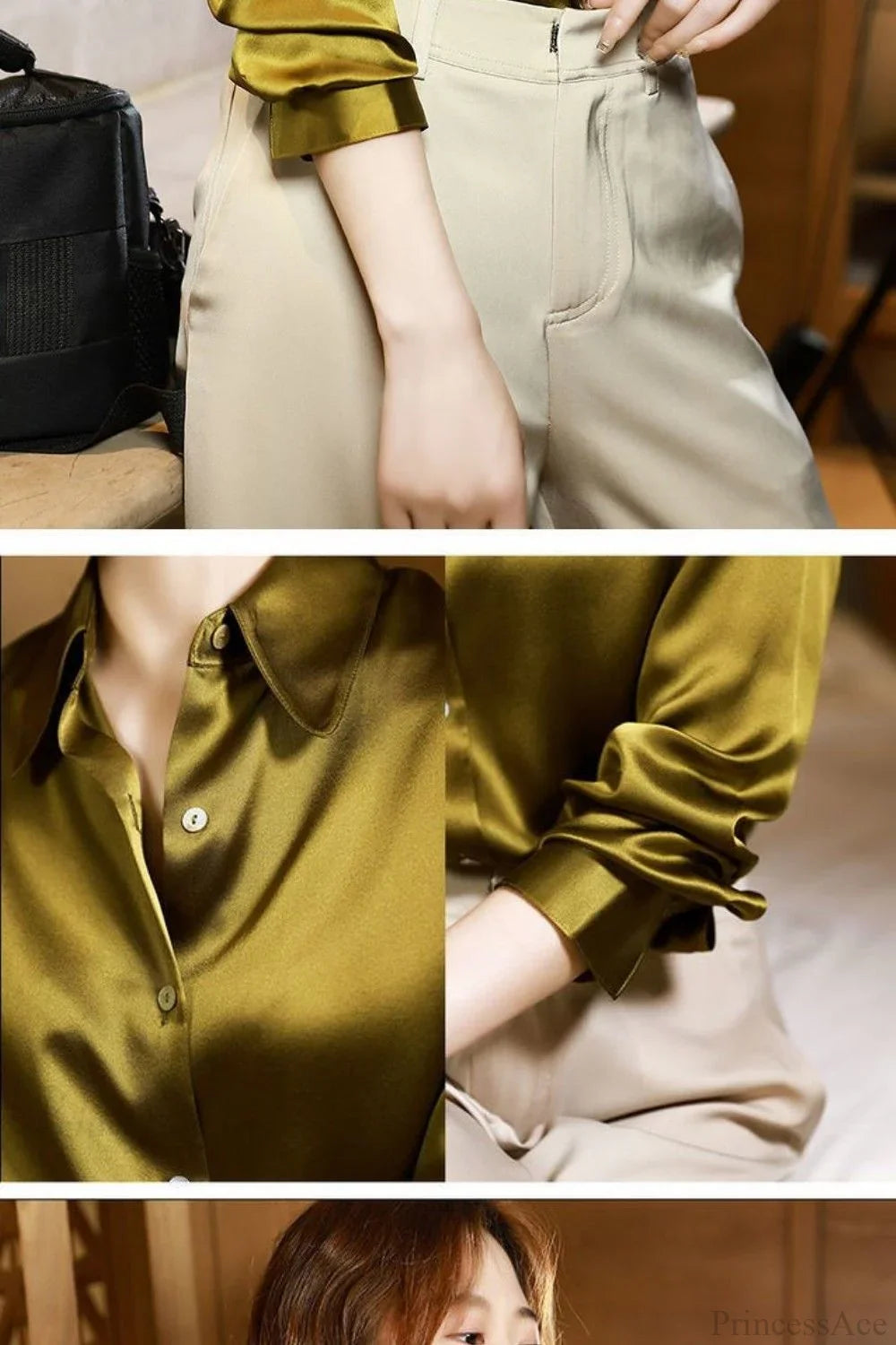 Button Satin - Women's Blouse Silk Luxury Office Crepe Up Elegant Top
