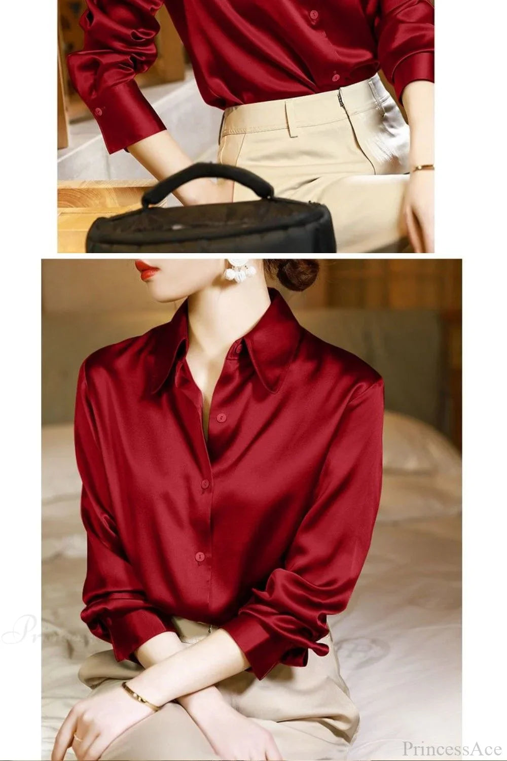 Button Satin - Women's Blouse Silk Luxury Office Crepe Up Elegant Top