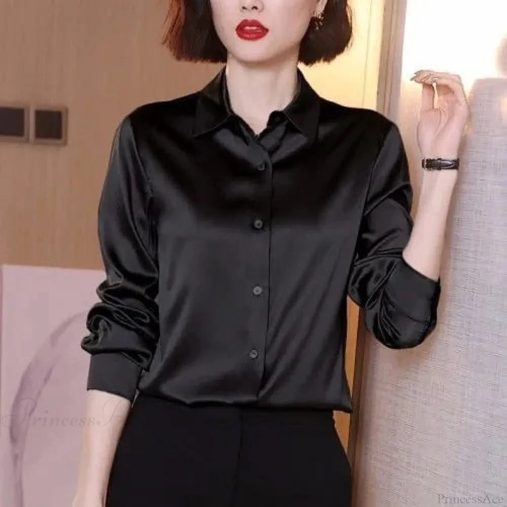 Button Satin - Women's Blouse Silk Luxury Office Crepe Up Elegant Top