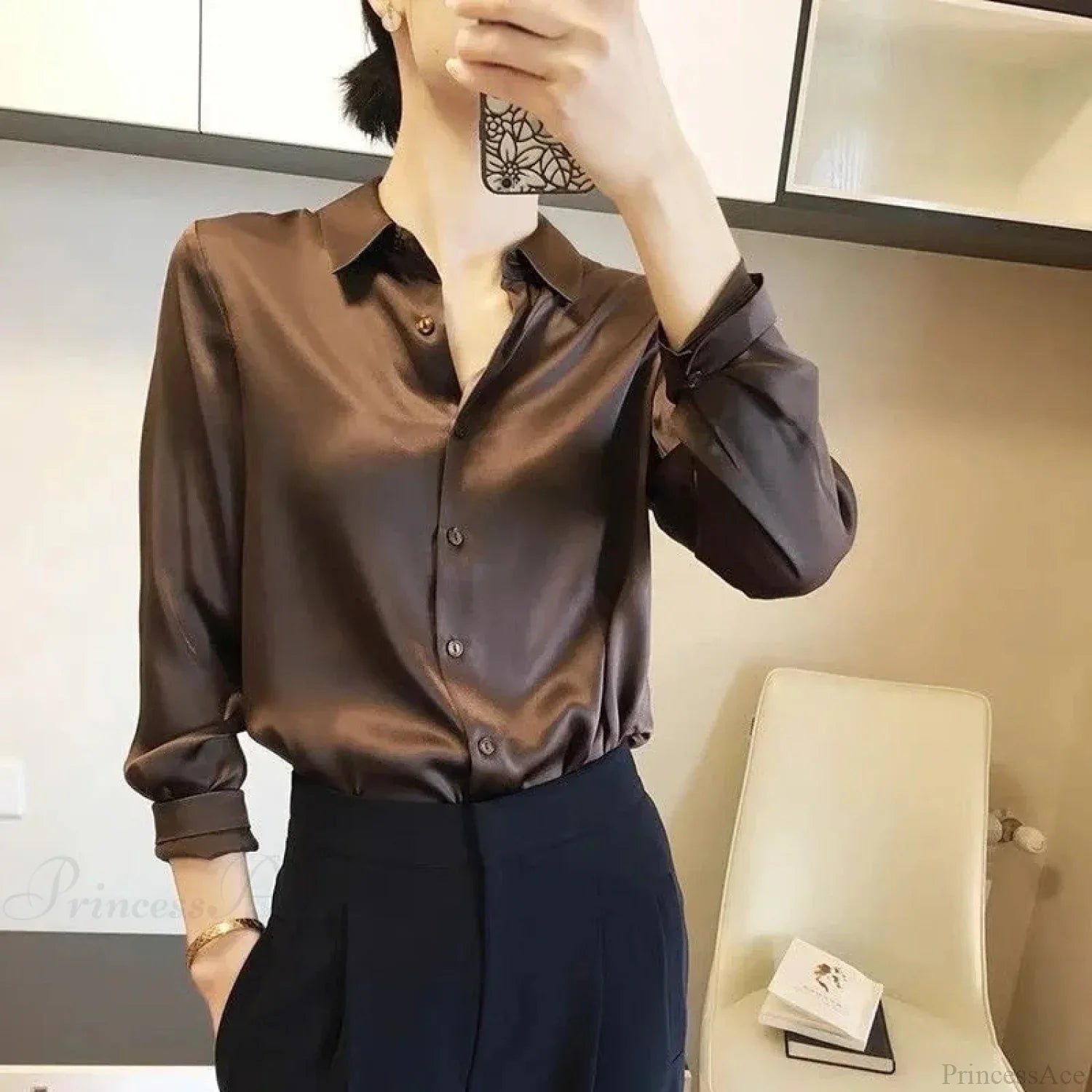 Button Satin - Women's Blouse Silk Luxury Office Crepe Up Elegant Top