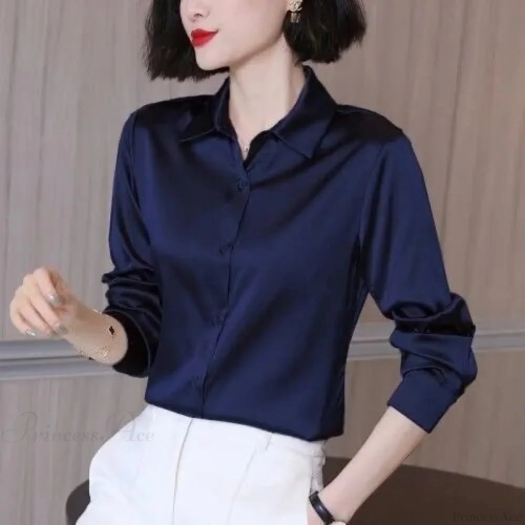 Button Satin - Women's Blouse Silk Luxury Office Crepe Up Elegant Top