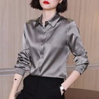 Button Satin - Women's Blouse Silk Luxury Office Crepe Up Elegant Top