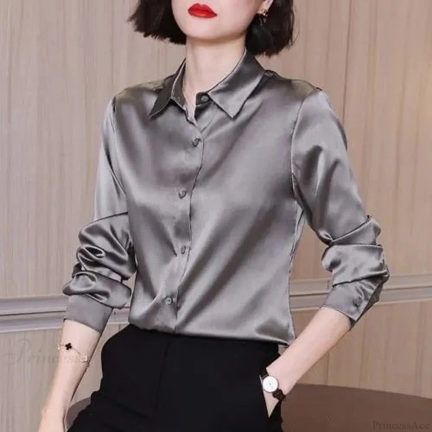 Button Satin - Women's Blouse Silk Luxury Office Crepe Up Elegant Top