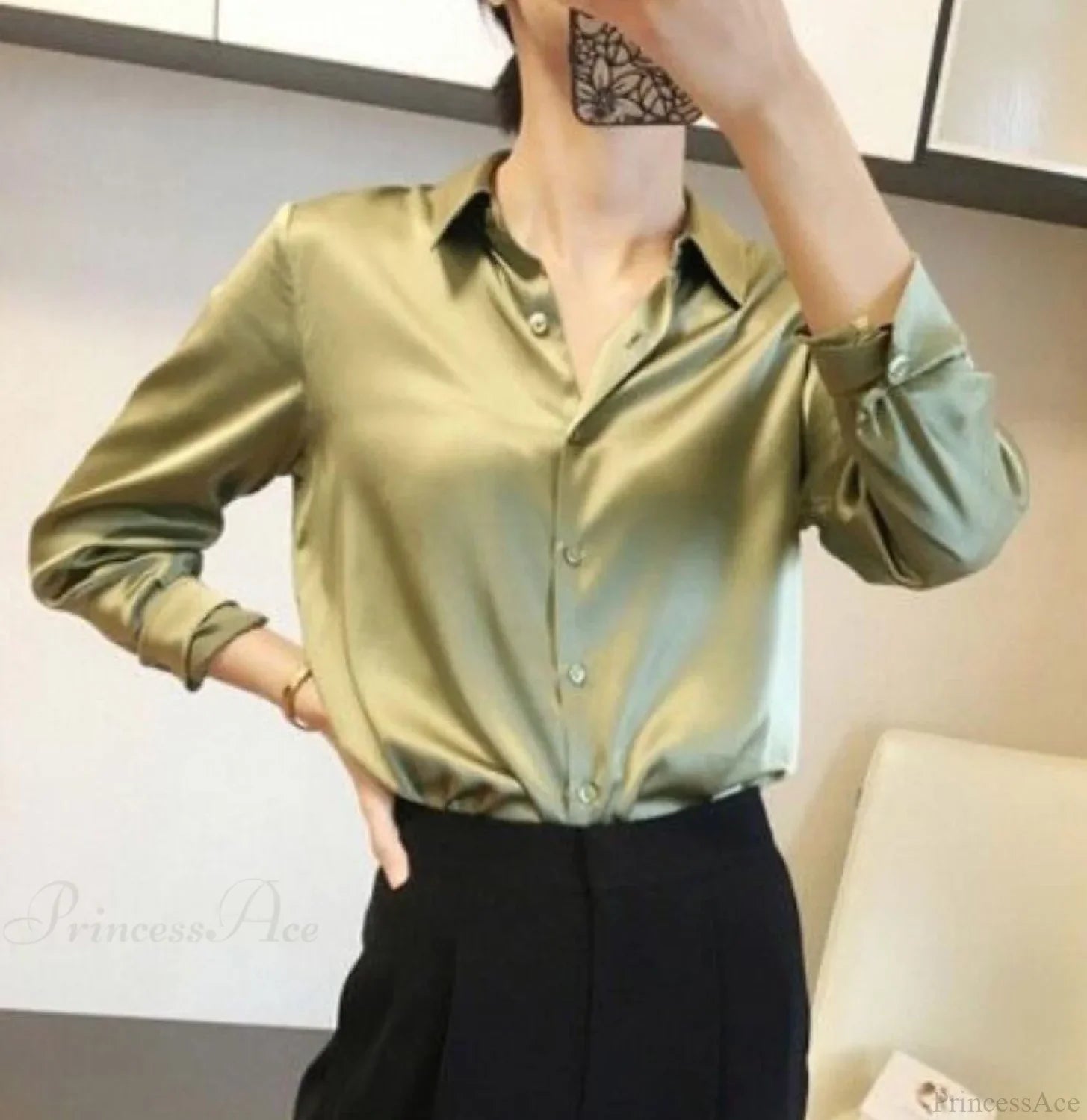 Button Satin - Women's Blouse Silk Luxury Office Crepe Up Elegant Top