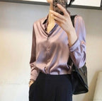 Button Satin - Women's Blouse Silk Luxury Office Crepe Up Elegant Top