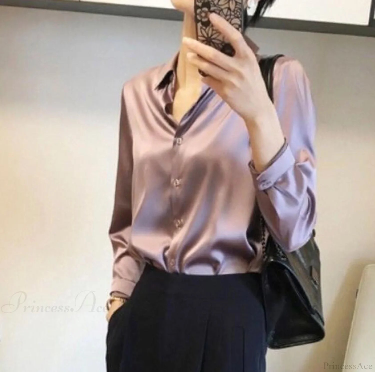Button Satin - Women's Blouse Silk Luxury Office Crepe Up Elegant Top