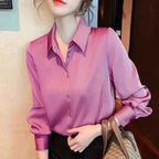 Button Satin - Women's Blouse Silk Luxury Office Crepe Up Elegant Top