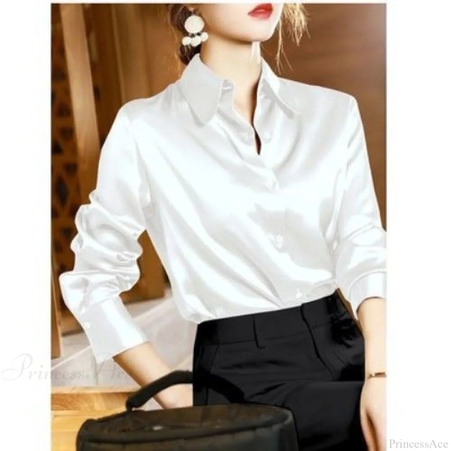 Button Satin - Women's Blouse Silk Luxury Office Crepe Up Elegant Top