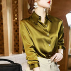 Button Satin - Women's Blouse Silk Luxury Office Crepe Up Elegant Top