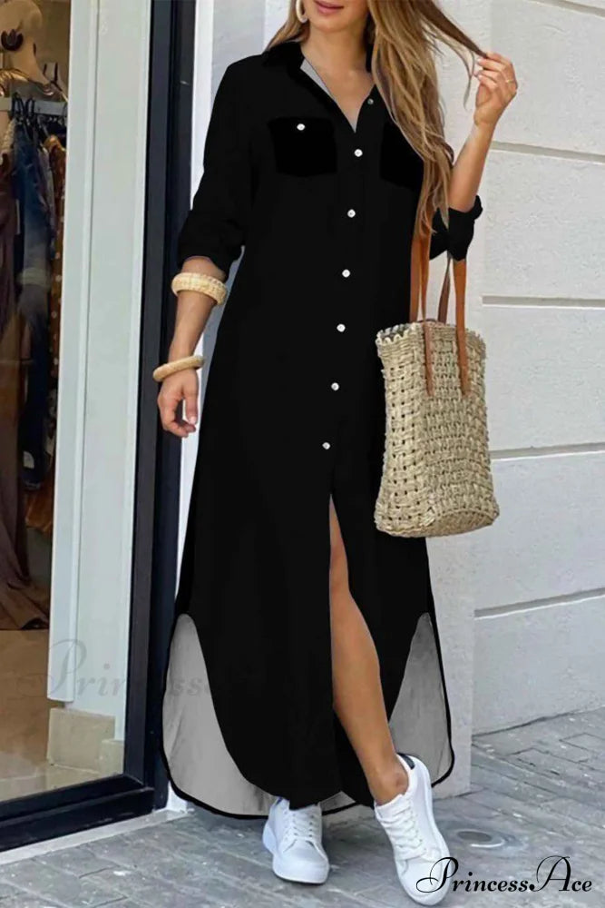 Button Up Pocket Shirt Dress - Long Sleeve