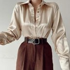 Button Up Satin Long Sleeve White Blouse