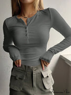 buttoned top U-neck long-sleeved knitted for women