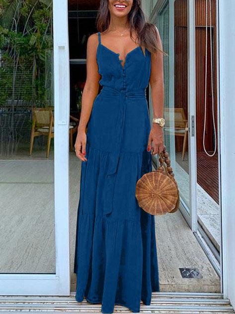 Buttoned V neck Stitching Strap Dress