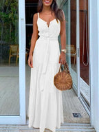 Buttoned V neck Stitching Strap Dress