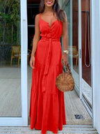 Buttoned V neck Stitching Strap Dress