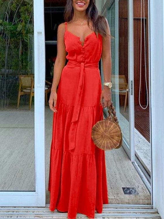Buttoned V neck Stitching Strap Dress